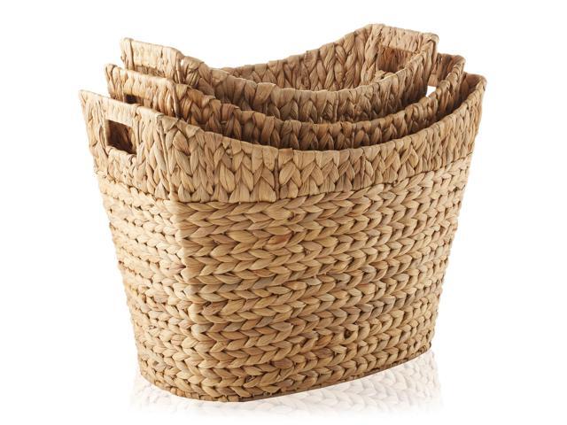 Casafield Set of 3 Stackable Oval Laundry Baskets with Handles - Natural, Woven Water Hyacinth Storage Totes for Throw Blankets, Bathroom, Bedroom,...