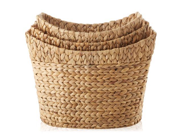 Casafield Set of 3 Stackable Oval Laundry Baskets with Handles - Natural, Woven Water Hyacinth Storage Totes for Throw Blankets, Bathroom, Bedroom,...
