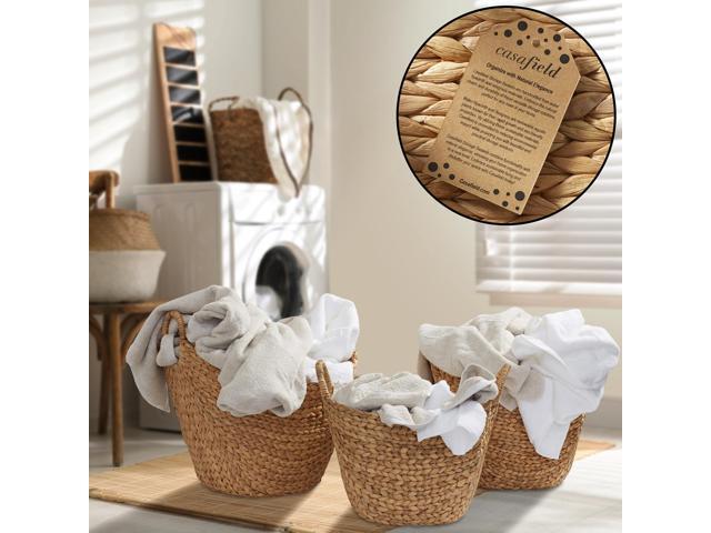 Casafield Set of 3 Multipurpose Boat Baskets with Handles - Natural, Woven Water Hyacinth Storage Organizers for Throw Blankets, Bedroom, Living...