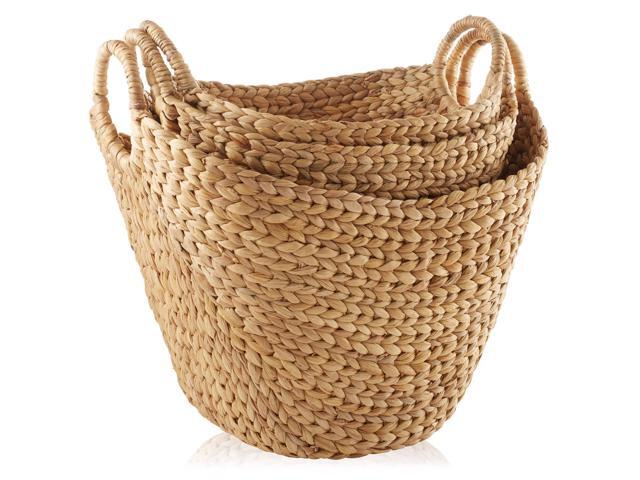 Casafield Set of 3 Multipurpose Boat Baskets with Handles - Natural, Woven Water Hyacinth Storage Organizers for Throw Blankets, Bedroom, Living...