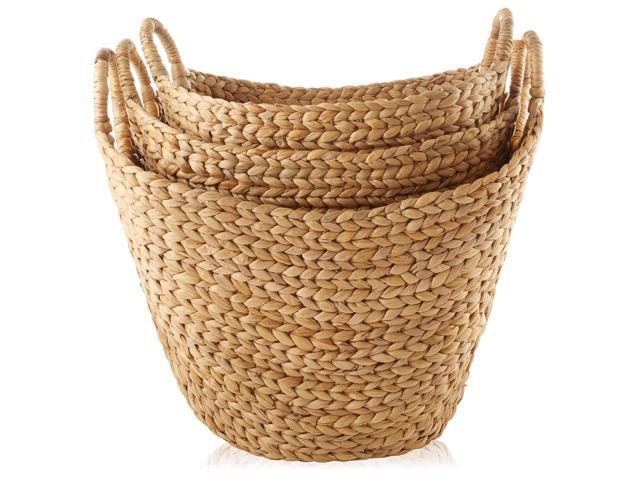 Casafield Set of 3 Multipurpose Boat Baskets with Handles - Natural, Woven Water Hyacinth Storage Organizers for Throw Blankets, Bedroom, Living...