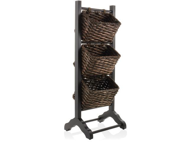 Casafield 3-Tier Floor Stand with Water Hyacinth Storage Baskets, Black/Espresso - Standing Organizer Rack for Bathroom, Kitchen, Laundry, Living Room
