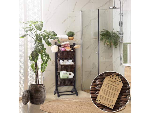 Casafield 3-Tier Floor Stand with Water Hyacinth Storage Baskets, Black/Espresso - Standing Organizer Rack for Bathroom, Kitchen, Laundry, Living Room