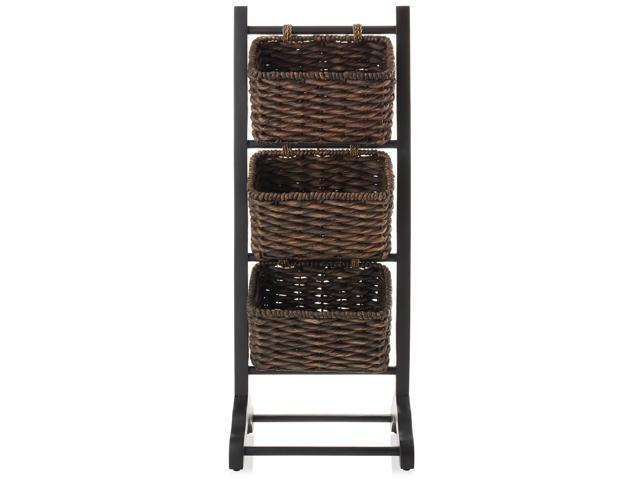 Casafield 3-Tier Floor Stand with Water Hyacinth Storage Baskets, Black/Espresso - Standing Organizer Rack for Bathroom, Kitchen, Laundry, Living Room