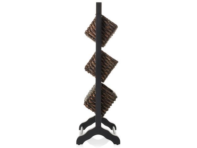 Casafield 3-Tier Floor Stand with Water Hyacinth Storage Baskets, Black/Espresso - Standing Organizer Rack for Bathroom, Kitchen, Laundry, Living Room