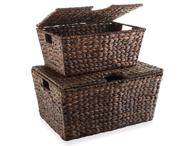 Casafield Set of 2 Water Hyacinth Storage Baskets with Tapered Bottoms and Lids (Medium/Large), Multipurpose Organizers for Bedroom, Bathroom,...