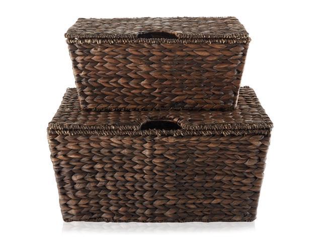 Casafield Set of 2 Water Hyacinth Storage Baskets with Tapered Bottoms and Lids (Medium/Large), Multipurpose Organizers for Bedroom, Bathroom,...