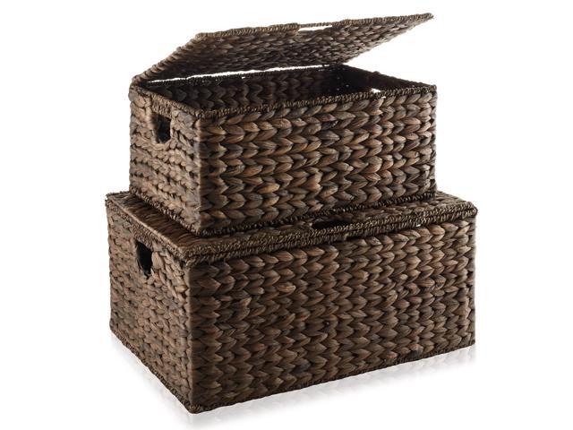 Casafield Set of 2 Water Hyacinth Rectangular Storage Baskets with Lids (Espresso - Medium/Large) for Bedroom, Bathroom, Laundry, Home Office