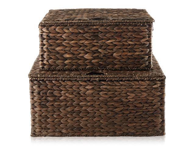 Casafield Set of 2 Water Hyacinth Rectangular Storage Baskets with Lids (Espresso - Medium/Large) for Bedroom, Bathroom, Laundry, Home Office