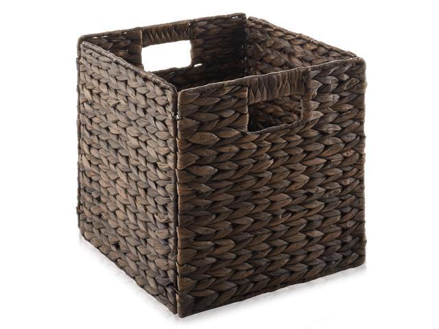Casafield 10.5' x 10.5' Water Hyacinth Storage Baskets, Espresso - Set of 4 Collapsible Cube Organizers, Woven Bins for Bathroom, Bedroom, Laundry,...