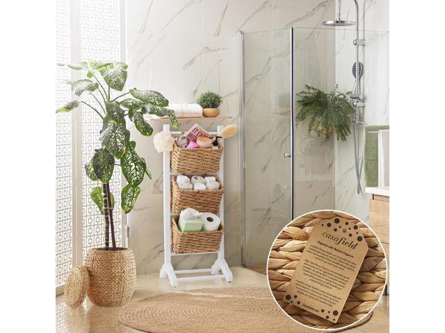 Casafield 3-Tier Floor Stand with Water Hyacinth Storage Baskets, White/Natural - Standing Organizer Rack for Bathroom, Kitchen, Laundry, Living Room