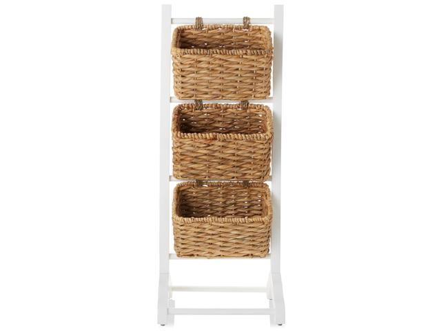 Casafield 3-Tier Floor Stand with Water Hyacinth Storage Baskets, White/Natural - Standing Organizer Rack for Bathroom, Kitchen, Laundry, Living Room