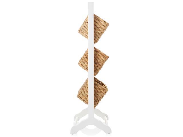 Casafield 3-Tier Floor Stand with Water Hyacinth Storage Baskets, White/Natural - Standing Organizer Rack for Bathroom, Kitchen, Laundry, Living Room