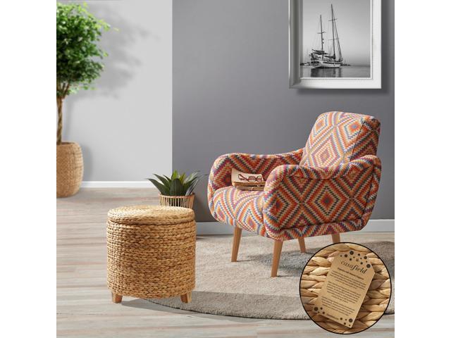 Casafield 17' Round Storage Ottoman with Lid - Natural, Handwoven Water Hyacinth Footstool for Living Room, Bedroom, Bathroom, Home Office