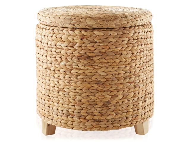Casafield 17' Round Storage Ottoman with Lid - Natural, Handwoven Water Hyacinth Footstool for Living Room, Bedroom, Bathroom, Home Office