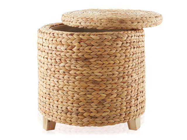 Casafield 17' Round Storage Ottoman with Lid - Natural, Handwoven Water Hyacinth Footstool for Living Room, Bedroom, Bathroom, Home Office