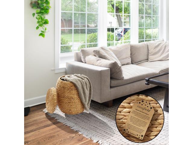 Casafield Round Storage Basket with Lid - Natural, Handwoven Water Hyacinth Organizer for Laundry, Blankets, Plants, Bedroom, Living Room, Home Office