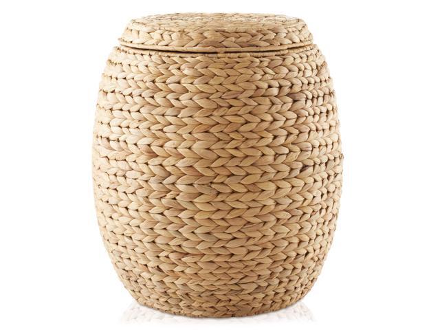 Casafield Round Storage Basket with Lid - Natural, Handwoven Water Hyacinth Organizer for Laundry, Blankets, Plants, Bedroom, Living Room, Home Office
