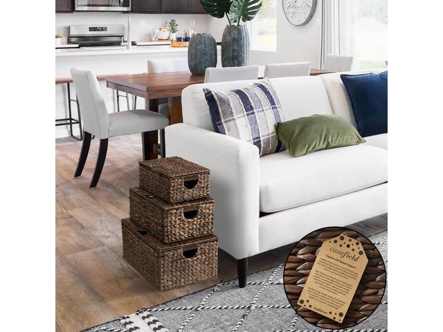 Casafield Set of 3 Water Hyacinth Rectangular Storage Baskets with Lids (Espresso - Small/Medium/Large) for Bedroom, Bathroom, Laundry, Home Office