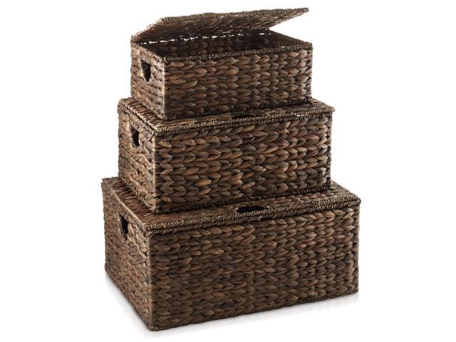 Casafield Set of 3 Water Hyacinth Rectangular Storage Baskets with Lids (Espresso - Small/Medium/Large) for Bedroom, Bathroom, Laundry, Home Office