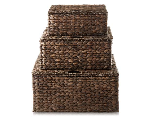 Casafield Set of 3 Water Hyacinth Rectangular Storage Baskets with Lids (Espresso - Small/Medium/Large) for Bedroom, Bathroom, Laundry, Home Office