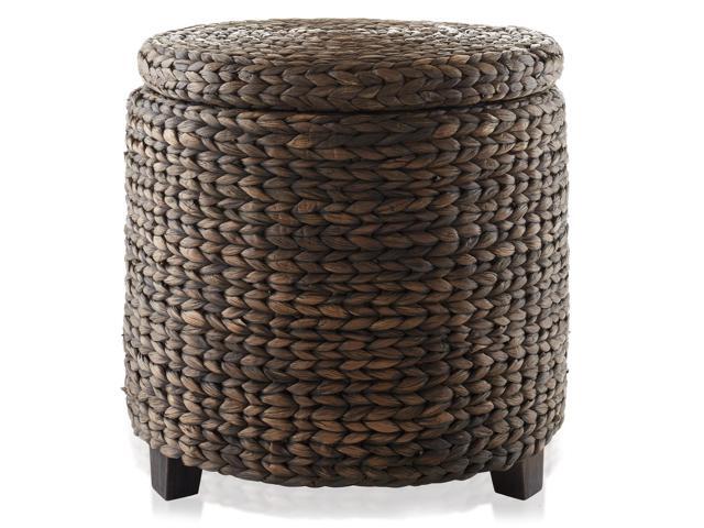 Casafield 17' Round Storage Ottoman with Lid - Espresso, Handwoven Water Hyacinth Footstool for Living Room, Bedroom, Bathroom, Home Office
