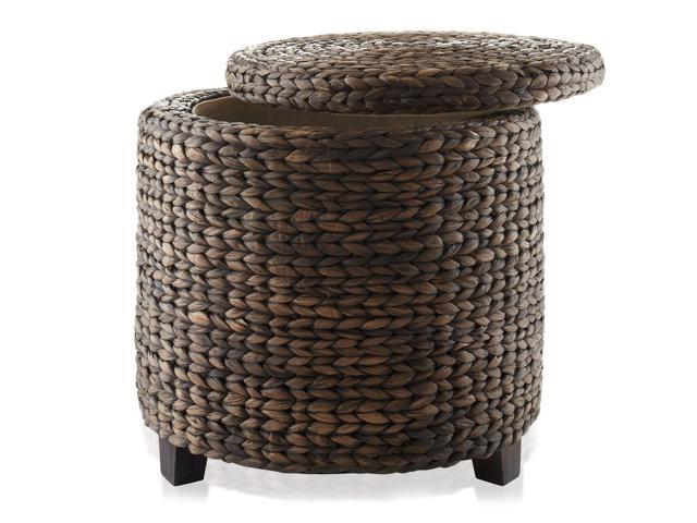 Casafield 17' Round Storage Ottoman with Lid - Espresso, Handwoven Water Hyacinth Footstool for Living Room, Bedroom, Bathroom, Home Office