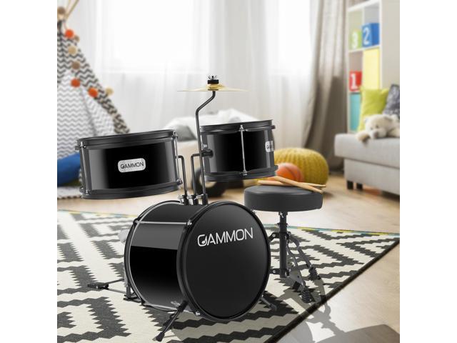 Gammon 3-Piece Junior Drum Set with Throne - Black, Complete Beginner Kit with Bass Drum, Toms, Cymbal, Pedal, and Drumsticks