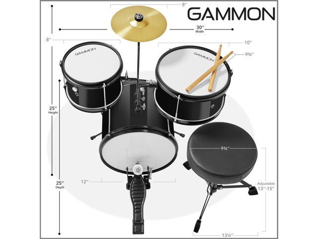 Gammon 3-Piece Junior Drum Set with Throne - Black, Complete Beginner Kit with Bass Drum, Toms, Cymbal, Pedal, and Drumsticks