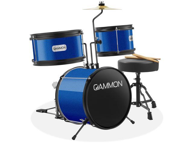 Gammon 3-Piece Junior Drum Set with Throne - Blue, Complete Beginner Kit with Bass Drum, Toms, Cymbal, Pedal, and Drumsticks