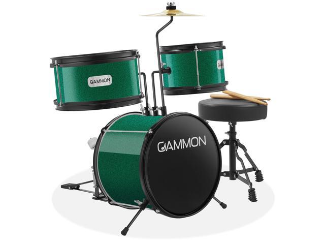 Gammon 3-Piece Junior Drum Set with Throne - Green, Complete Beginner Kit with Bass Drum, Toms, Cymbal, Pedal, and Drumsticks