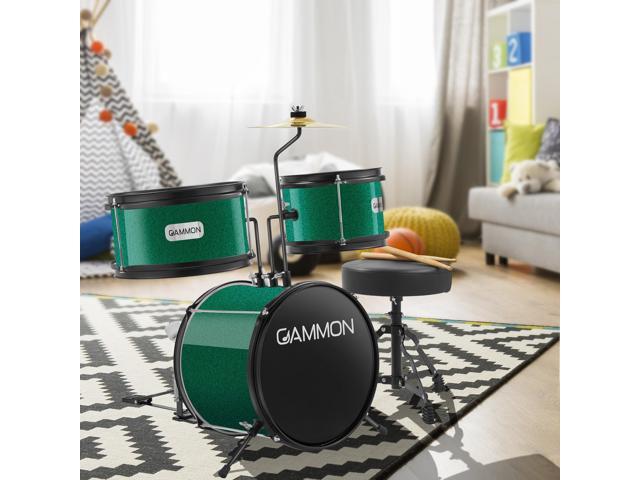 Gammon 3-Piece Junior Drum Set with Throne - Green, Complete Beginner Kit with Bass Drum, Toms, Cymbal, Pedal, and Drumsticks