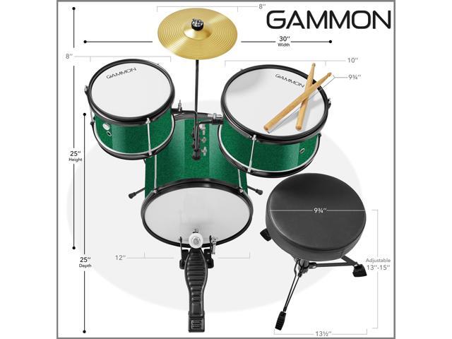 Gammon 3-Piece Junior Drum Set with Throne - Green, Complete Beginner Kit with Bass Drum, Toms, Cymbal, Pedal, and Drumsticks