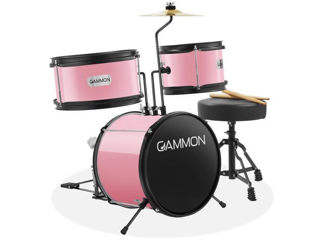 Gammon 3-Piece Junior Drum Set with Throne - Pink, Complete Beginner Kit with Bass Drum, Toms, Cymbal, Pedal, and Drumsticks