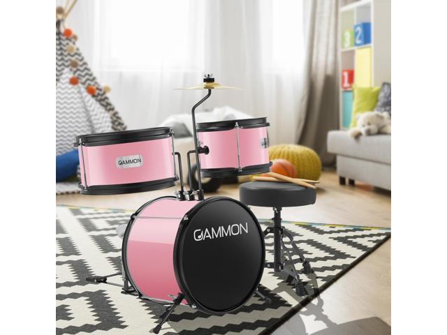 Gammon 3-Piece Junior Drum Set with Throne - Pink, Complete Beginner Kit with Bass Drum, Toms, Cymbal, Pedal, and Drumsticks