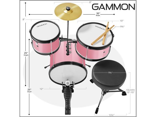 Gammon 3-Piece Junior Drum Set with Throne - Pink, Complete Beginner Kit with Bass Drum, Toms, Cymbal, Pedal, and Drumsticks
