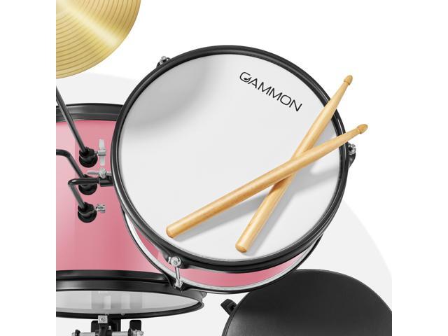 Gammon 3-Piece Junior Drum Set with Throne - Pink, Complete Beginner Kit with Bass Drum, Toms, Cymbal, Pedal, and Drumsticks