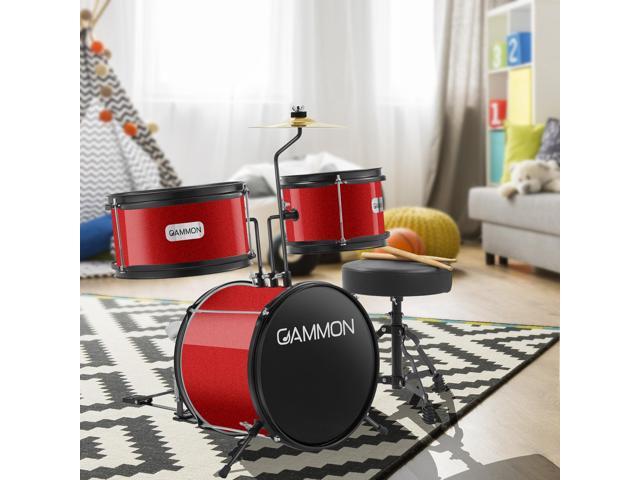 Gammon 3-Piece Junior Drum Set with Throne - Red, Complete Beginner Kit with Bass Drum, Toms, Cymbal, Pedal, and Drumsticks