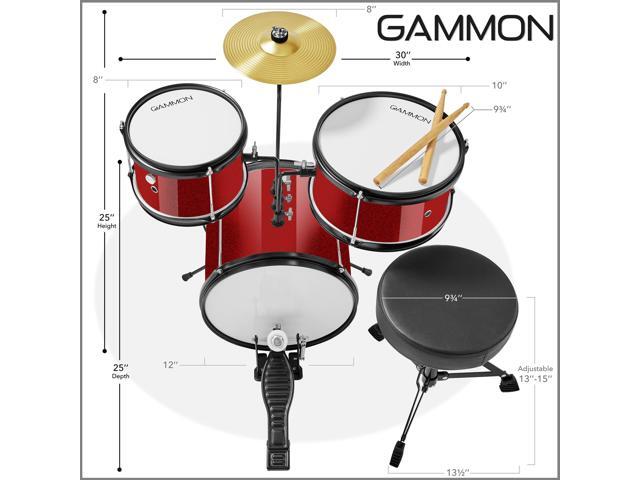 Gammon 3-Piece Junior Drum Set with Throne - Red, Complete Beginner Kit with Bass Drum, Toms, Cymbal, Pedal, and Drumsticks