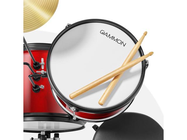 Gammon 3-Piece Junior Drum Set with Throne - Red, Complete Beginner Kit with Bass Drum, Toms, Cymbal, Pedal, and Drumsticks