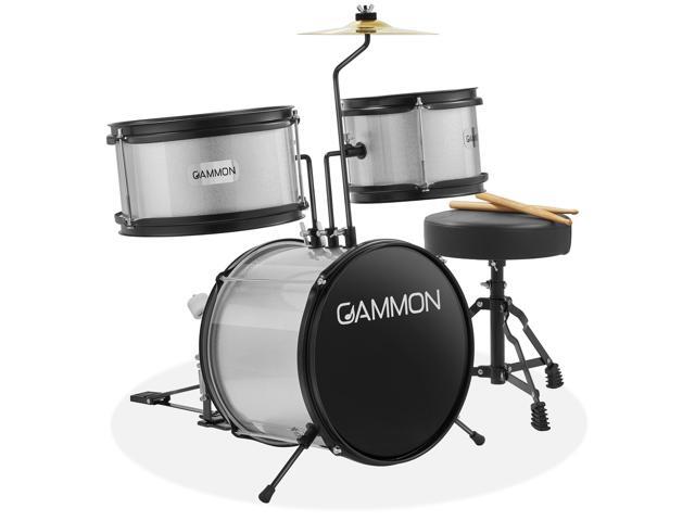 Gammon 3-Piece Junior Drum Set with Throne - Silver, Complete Beginner Kit with Bass Drum, Toms, Cymbal, Pedal, and Drumsticks