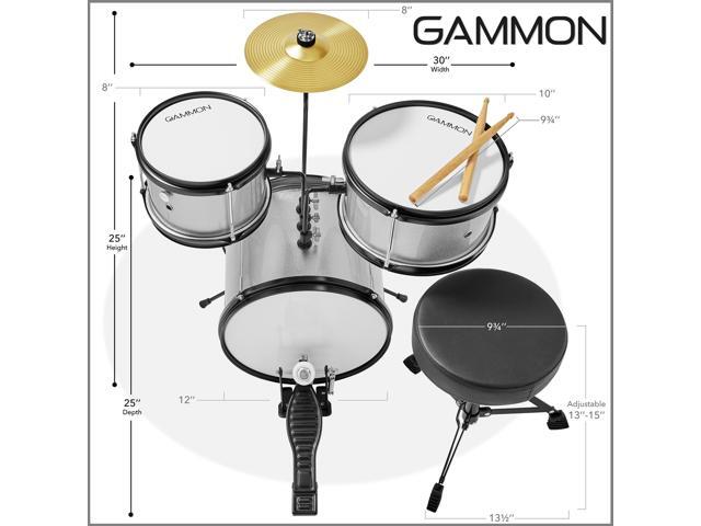 Gammon 3-Piece Junior Drum Set with Throne - Silver, Complete Beginner Kit with Bass Drum, Toms, Cymbal, Pedal, and Drumsticks
