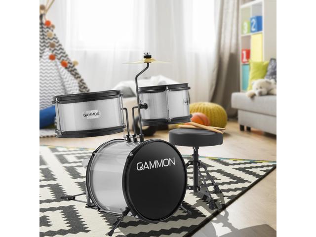 Gammon 3-Piece Junior Drum Set with Throne - Silver, Complete Beginner Kit with Bass Drum, Toms, Cymbal, Pedal, and Drumsticks