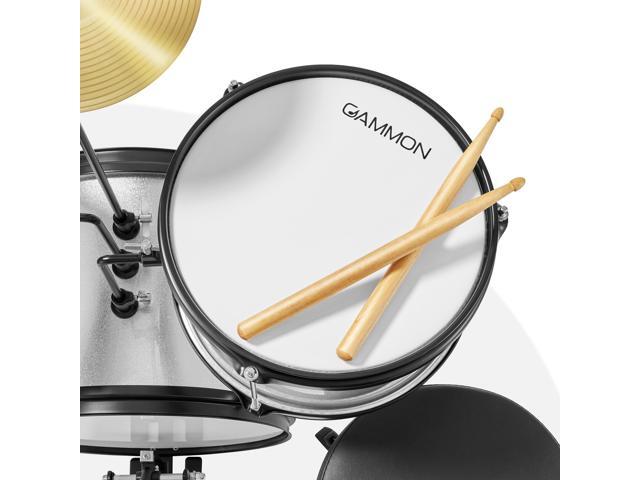 Gammon 3-Piece Junior Drum Set with Throne - Silver, Complete Beginner Kit with Bass Drum, Toms, Cymbal, Pedal, and Drumsticks