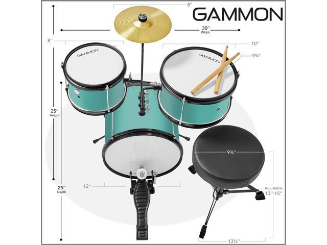 Gammon 3-Piece Junior Drum Set with Throne - Teal, Complete Beginner Kit with Bass Drum, Toms, Cymbal, Pedal, and Drumsticks