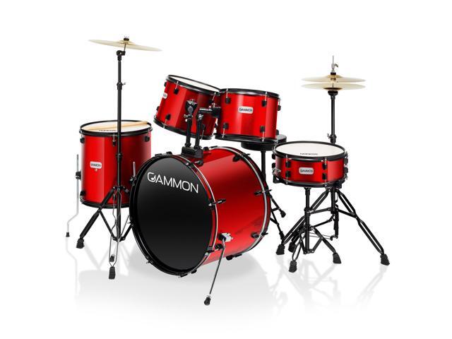 Gammon Percussion Full Size Complete Adult 5-Piece Drum Set with Cymbals, Stands, Stool, and Sticks - Red