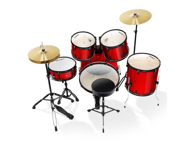 Gammon Percussion Full Size Complete Adult 5-Piece Drum Set with Cymbals, Stands, Stool, and Sticks - Red