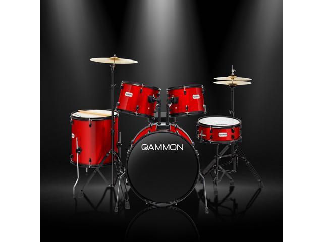 Gammon Percussion Full Size Complete Adult 5-Piece Drum Set with Cymbals, Stands, Stool, and Sticks - Red