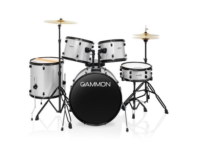 Gammon Percussion Full Size Complete Adult 5-Piece Drum Set with Cymbals, Stands, Stool, and Sticks - Silver