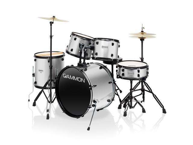 Gammon Percussion Full Size Complete Adult 5-Piece Drum Set with Cymbals, Stands, Stool, and Sticks - Silver